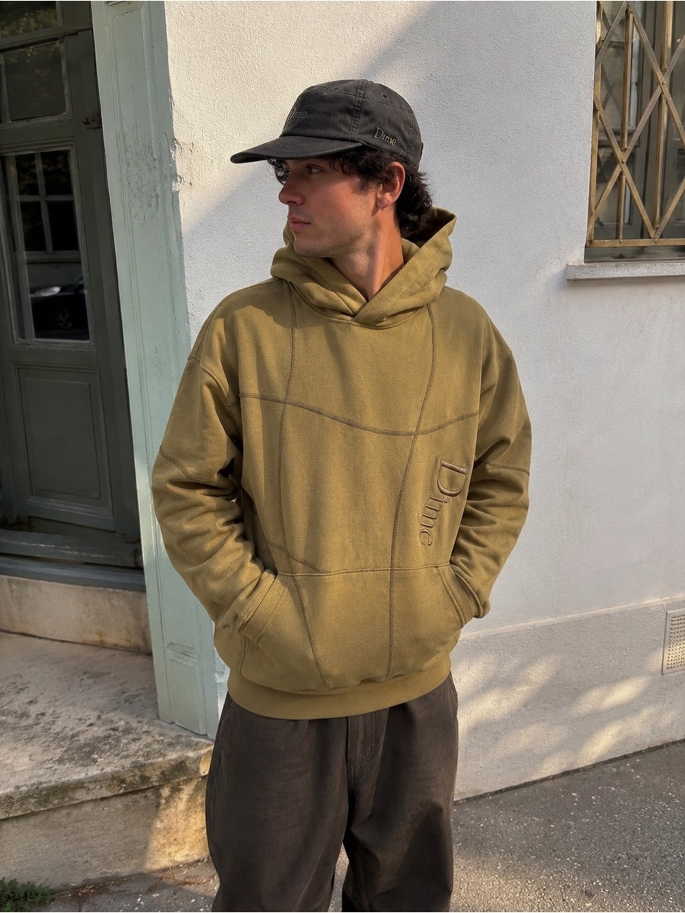 Dime Heavyweight Cotton Hoodie Tan Embroidered Logo Oversized L Skate Y2K Soft